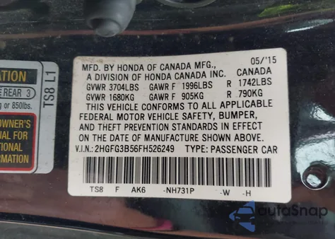 2015 Honda Civic Lx из США, поврежденный, VIN 2HGFG3B56FH526249